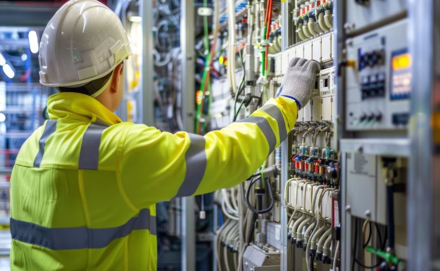 Engineer calibrating industrial pressure gauges in a control room